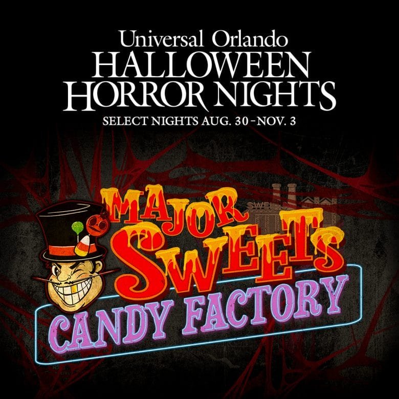Entrada da Major Sweets Candy Factory decorada para o Halloween