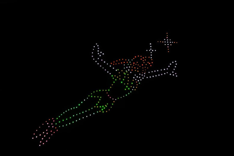 Drones iluminando o céu noturno com cores vivas