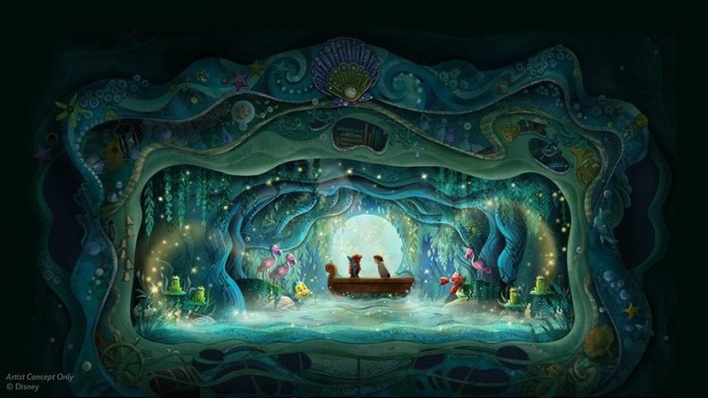 Ilustração colorida de Ariel nadando em um fundo submarino mágico