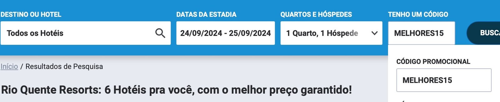 Imagem demonstrando como aplicar o código promocional no site do Rio Quente Resorts