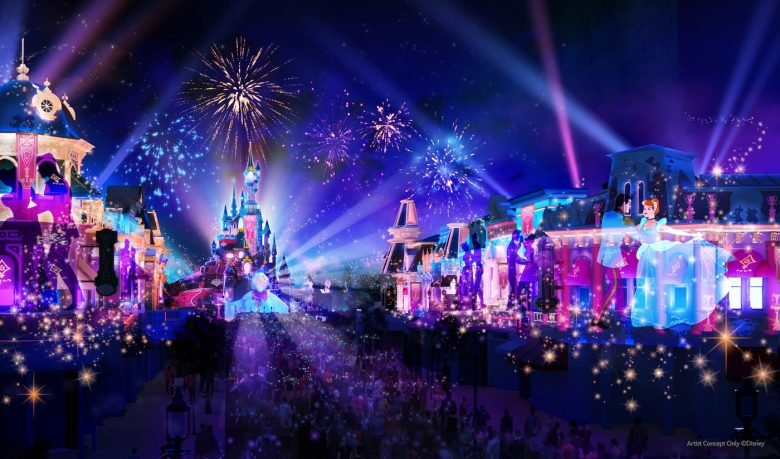 Representação artística do novo show noturno na Disneyland Paris, com projeções no castelo e efeitos especiais