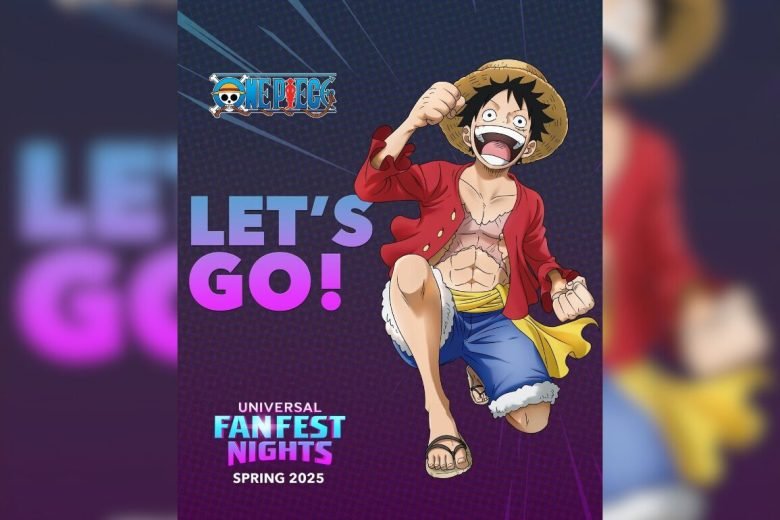 Imagem do evento Universal Fan Fest com personagens de One Piece e Jujutsu Kaisen em destaque.